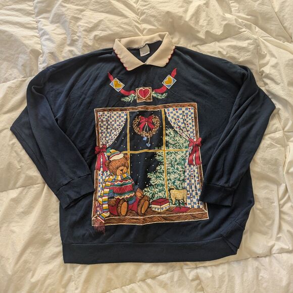 Vintage Act III Bear Cottagecore Collared Sweater Made in the USA Size Large - Picture 1 of 5